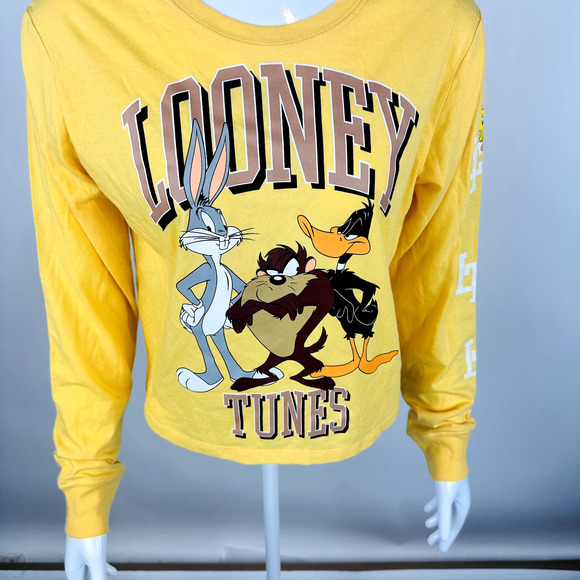 New Looney Toons Junior Sz Small T Shirt Yellow Bunny Duck Long Sleeve Crop NWT - Picture 4 of 6